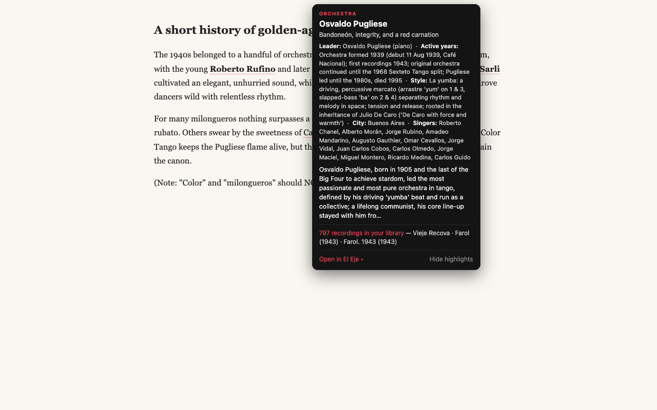 A hover card explaining the orchestra Osvaldo Pugliese, over a web article
