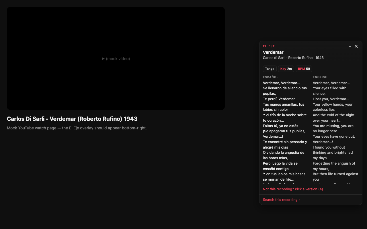 A YouTube watch page with the El Eje lyrics overlay card in the bottom-right